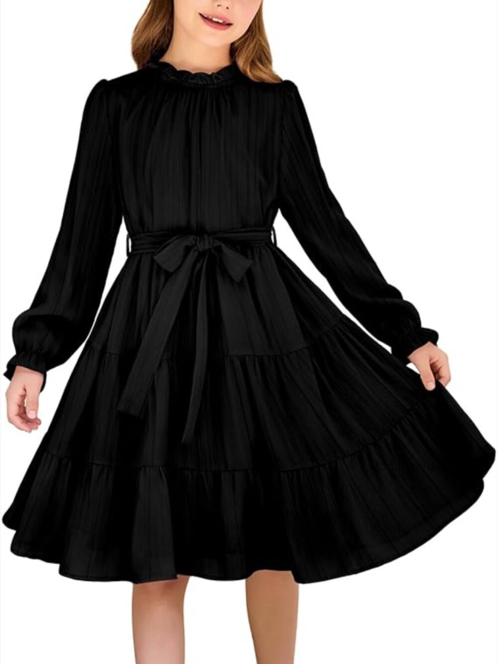 Girls Long Sleeve Tiered Swing Dress with Belt for 5-13 Y